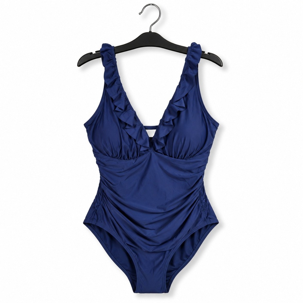 DKNY Swimsuit Womens XXL Navy Blue Ruffle V-Neck One Piece Ruched DIMMS691 NEW